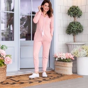Jillian Harris x Smash + Tess Harris Hoodie Romper in light pink.